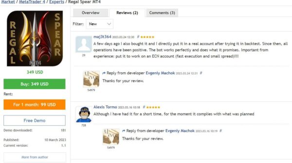 Regal Spear EA MT4 user reviews