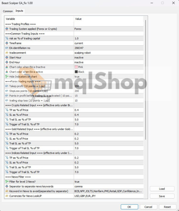Beast Scalper EA MT5 Inputs 1