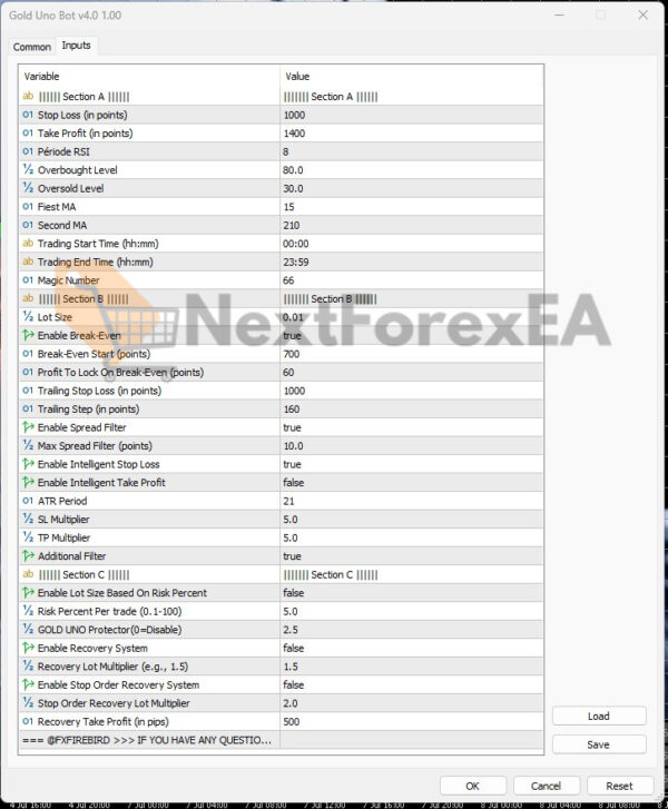 Gold Uno Bot MT5 settings