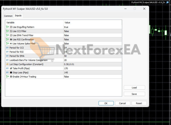 PythonX M1 Scalper XAUUSD MT5 Inputs