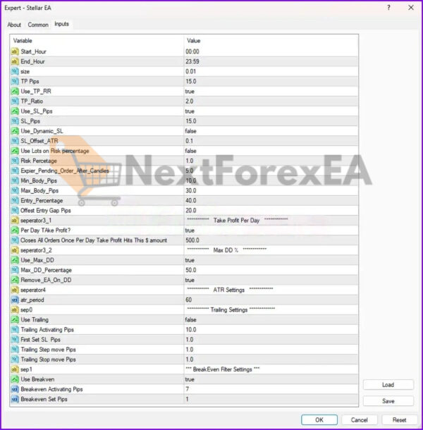 Stellar EA MT4 Settings